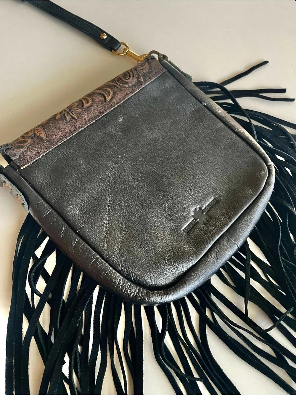 P&G Genuine Leather Tooled Floral Fringe Crossbody Boho Western Bag